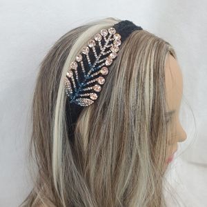 Blue Gold Crystals Leaf Black Lace Hair Band